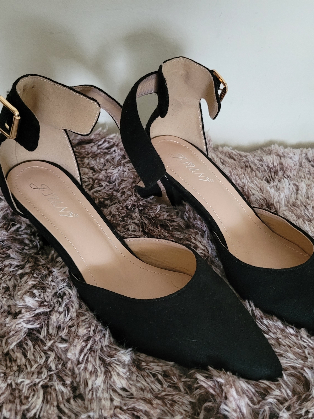 Pointed Black Ankle-Strap Heels with Gold Buckle